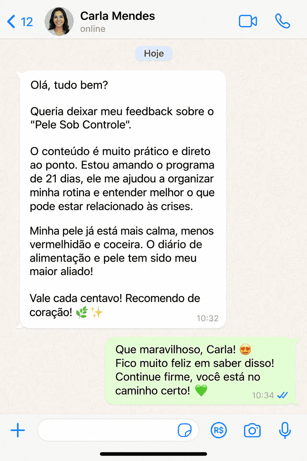 Captura de tela de um relato real de cliente sobre o PELE SOB CONTROLE
